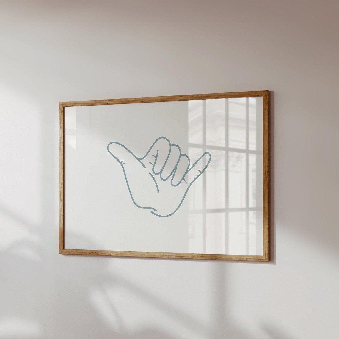 Teal Shaka Hand Sign Line Art Coastal Surf Horizontal Decor Poster