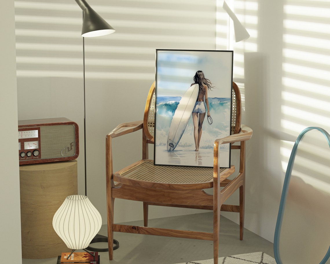 Surfer Girl Watercolor Back View Turquoise Ocean Waves Art Poster - Image 2