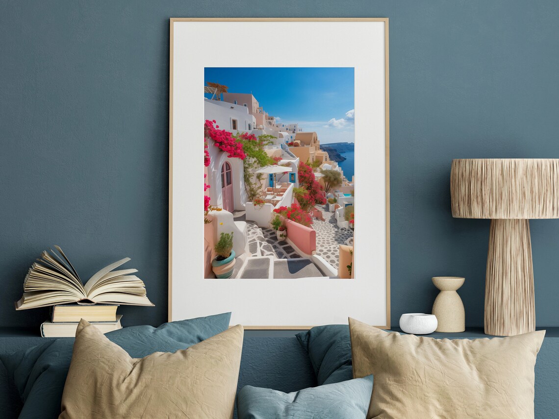 Santorini White Alley Pink Bougainvillea Blue Doors Photo Poster - Image 2