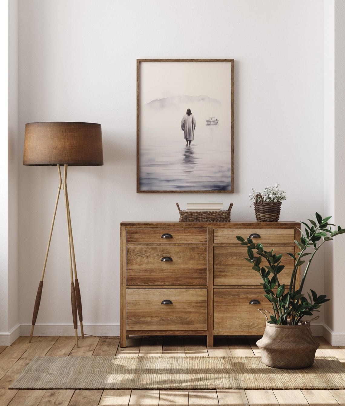 Minimalist Jesus Walking on Water Misty Gray Watercolor Art Poster - Image 2