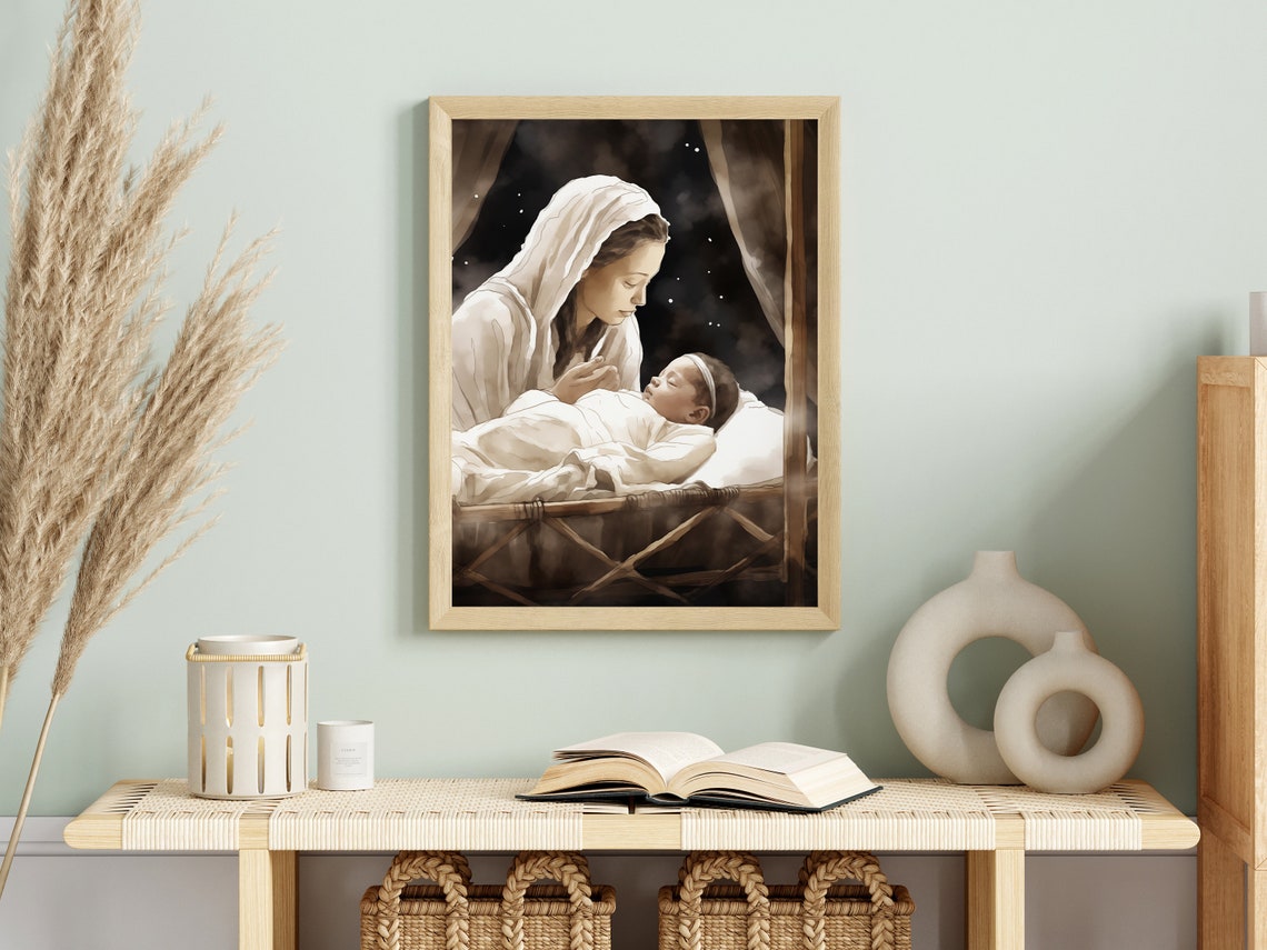 Mary and Baby Jesus in Crib Starry Night Watercolor Nativity Poster - Image 2