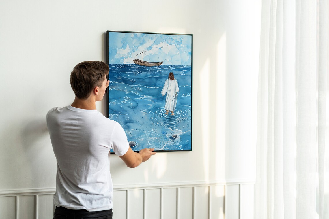 Jesus Walking on Water Blue Watercolor Christian Faith Poster - Image 2
