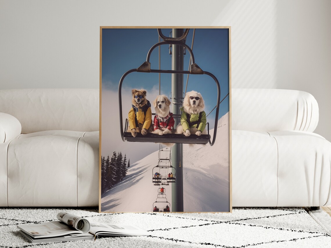 Dogs in a Ski Resort Funny Skiing Poster Art - Image 2