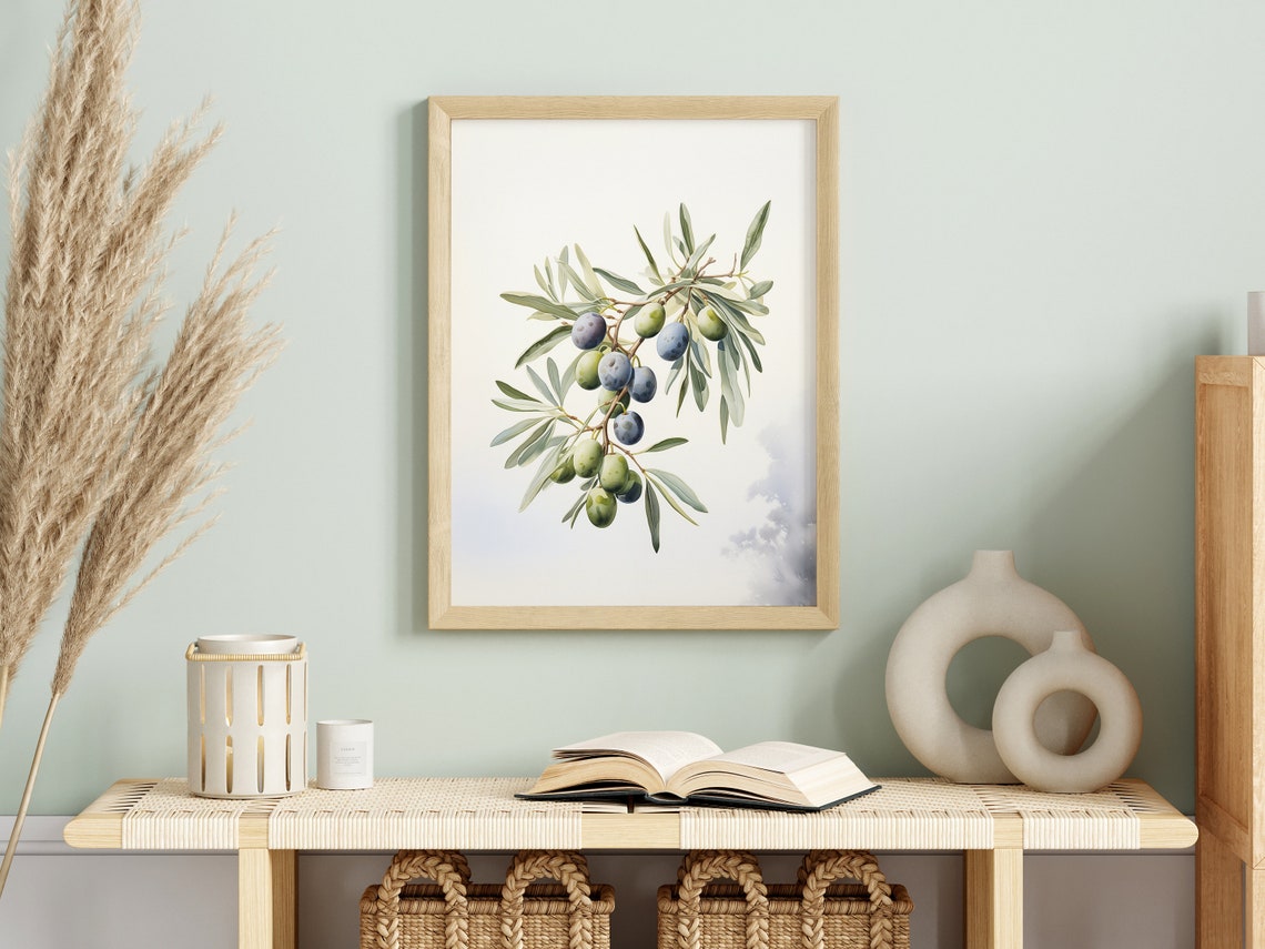 Olive Branch with Green and Purple Olives Botanical Water Poster - Image 2