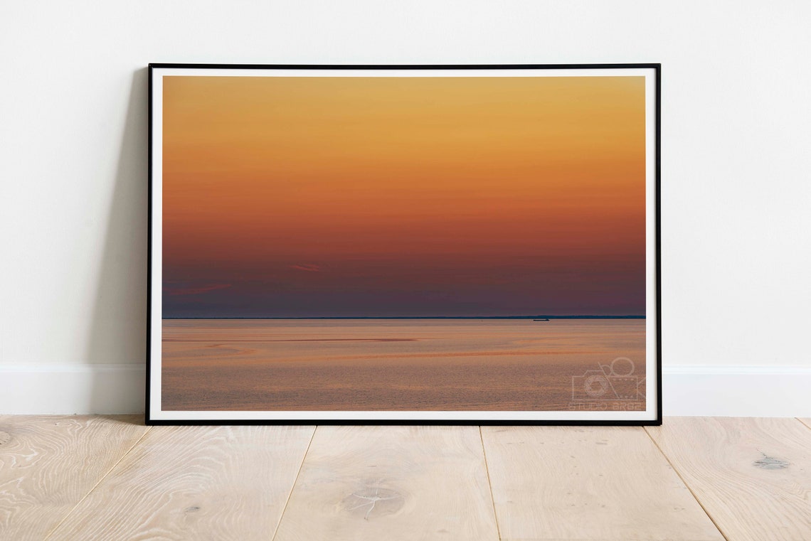 Glowing Orange Horizon Over Still Sea Minimalist Sunset Poster