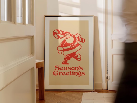 Seasons Greetings Red Santa Candy Cane Retro Christmas Party Poster