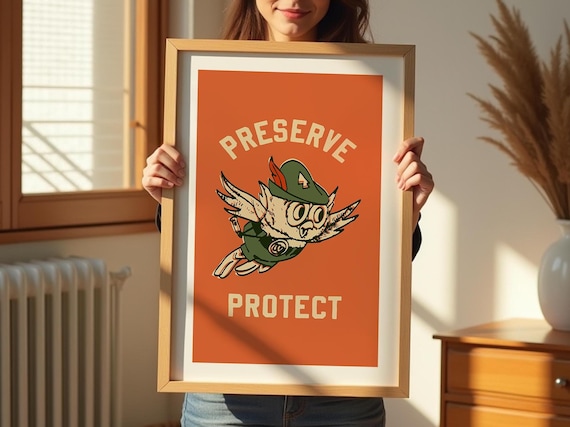 Preserve Protect Retro Owl Mascot Vintage Camping Art Poster