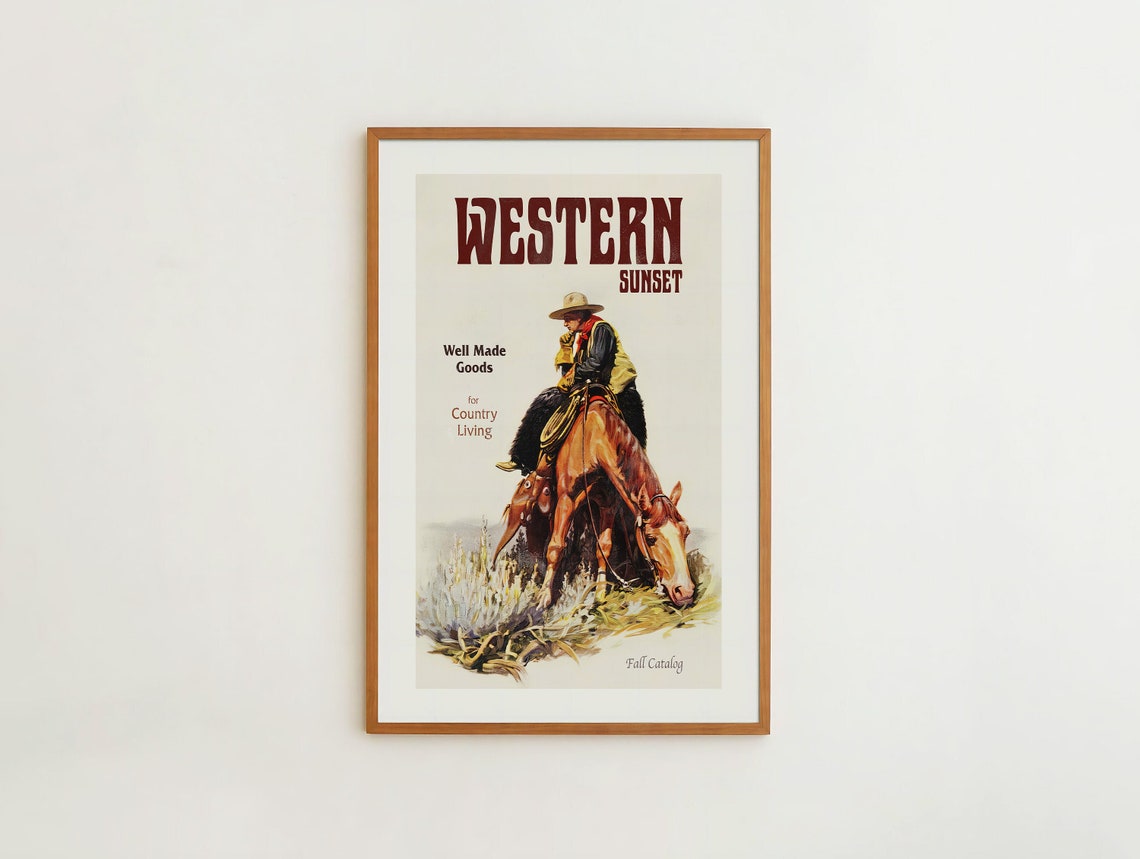 Western Sunset Cowboy on Horse Vintage Fall Catalog Art Poster
