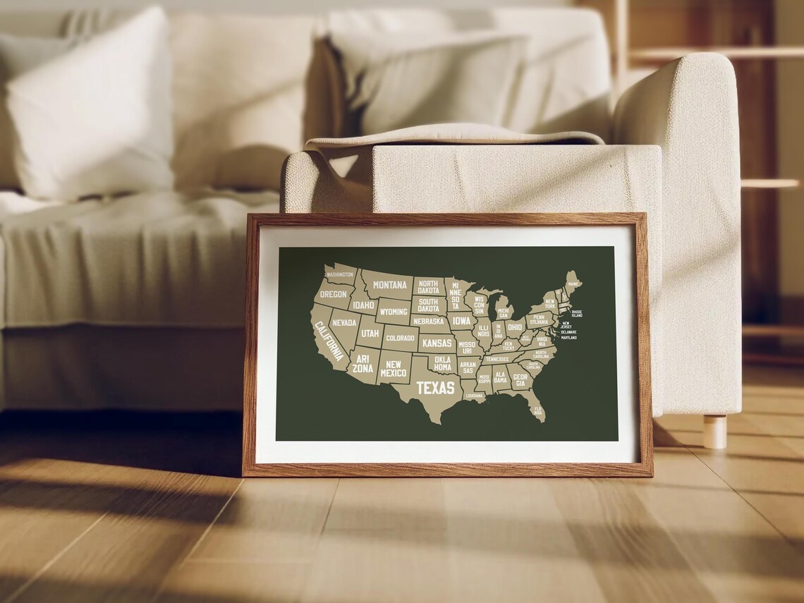United States Map Vintage Dark Green Tan Travel Office Wall Poster - Image 3
