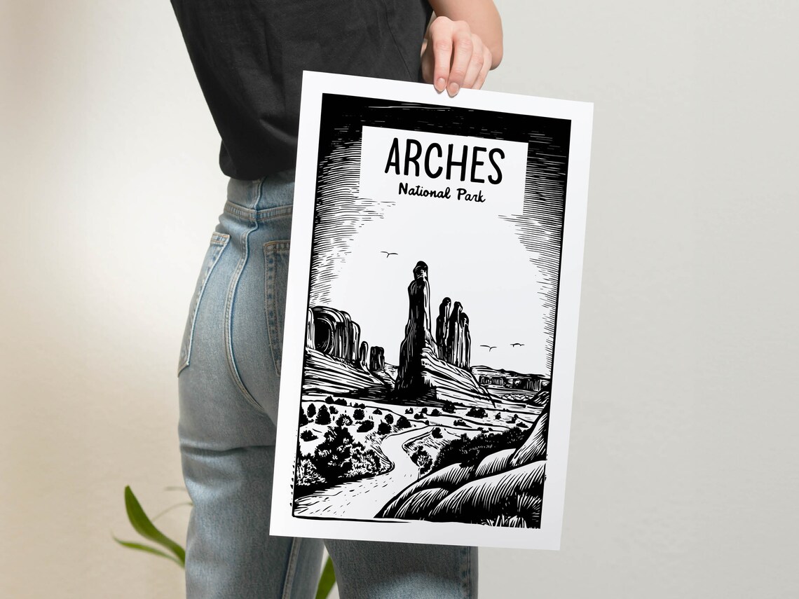 Arches National Park Woodcut Style Black White Desert Travel Poster - Image 2