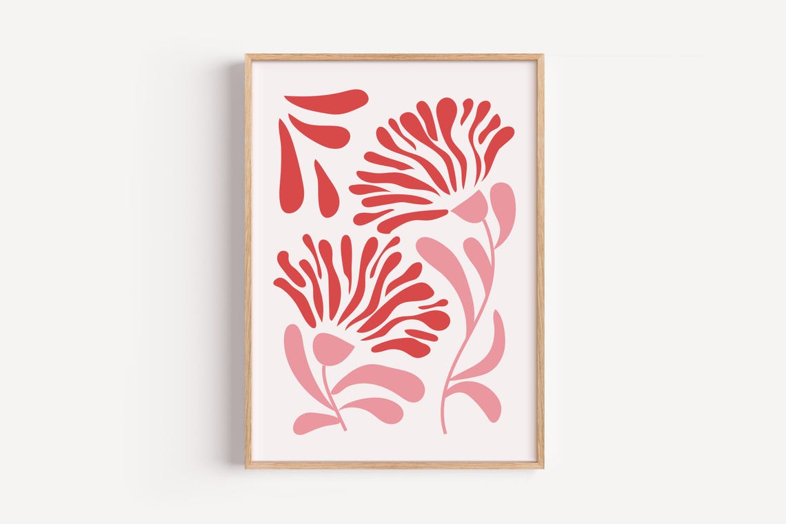 Pink Abstract Floral Matisse Style Modern Botanical Art Poster