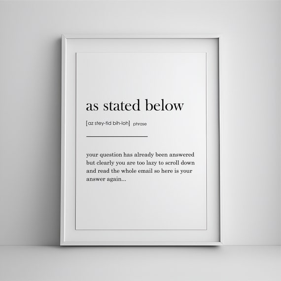 As Stated Below Definition Print Home Office Wall Art Decor Funny