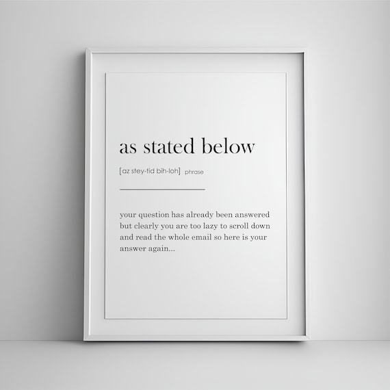 As Stated Below Funny Office Email Definition Quote Wall Art Gift
