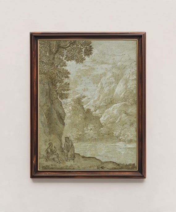 Vintage Landscape Sketch Art Scenic Antique Drawing Neutral Brown Art