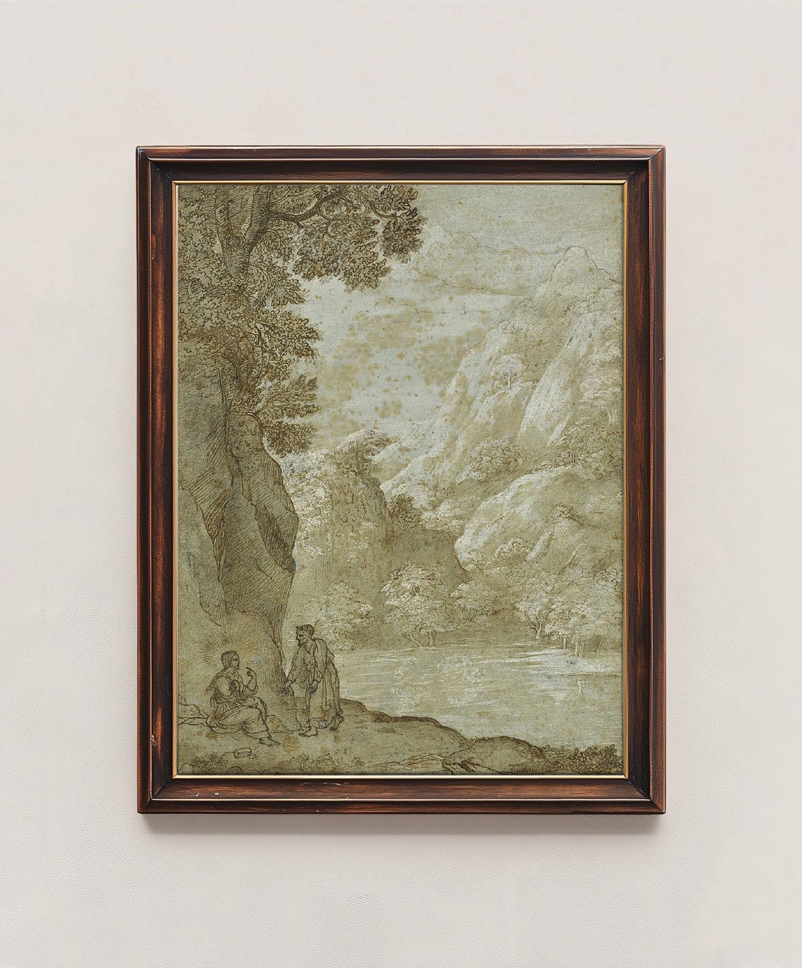 Antique Mountain Lake Landscape Etching Figures Lakeside Scene Print