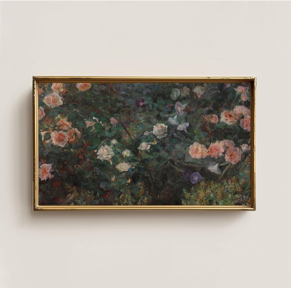 Blooming Rose Garden Oil Painting Pink Roses Impressionist Wall Art