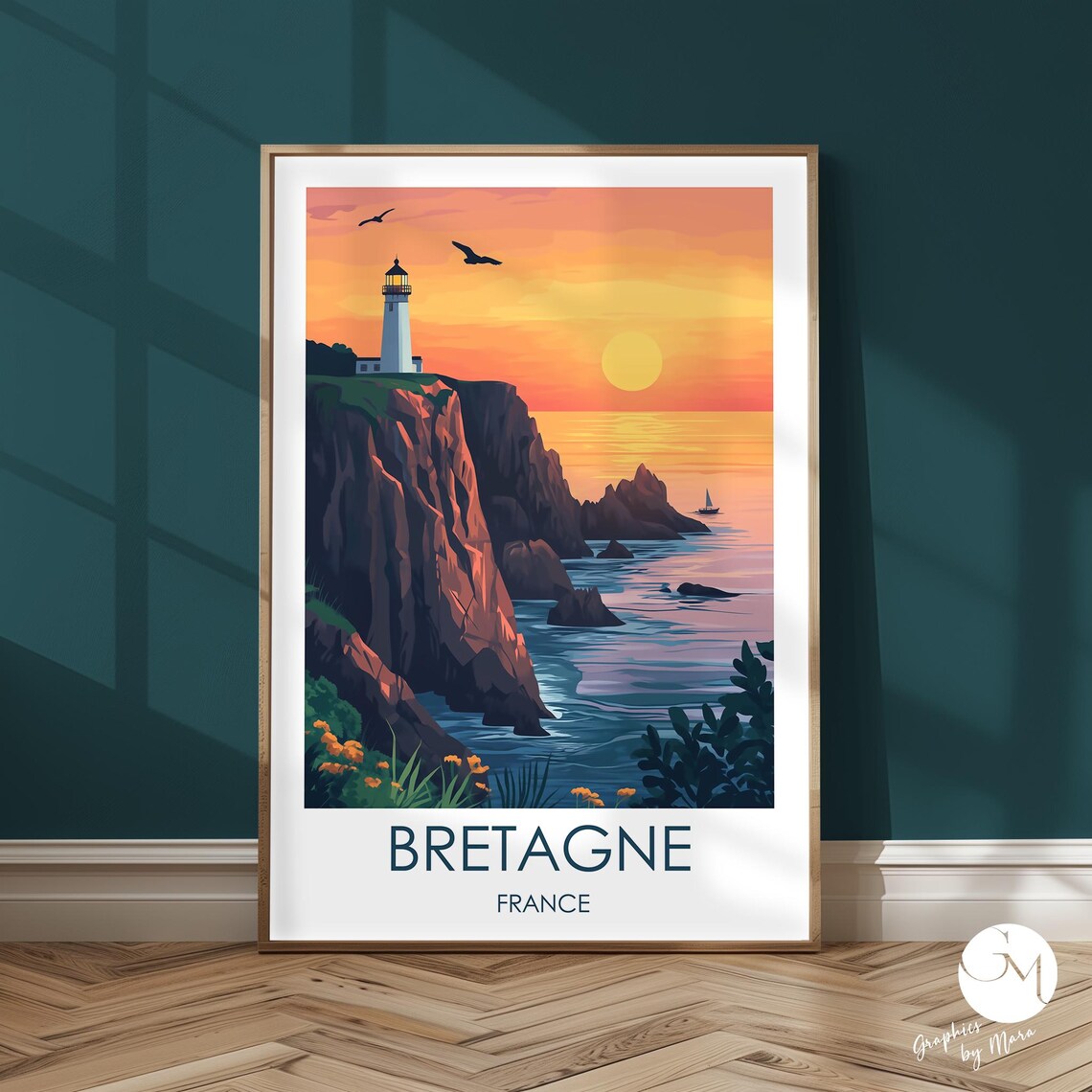 Brittany France Coastal Landscape At Sunset Travel Poster