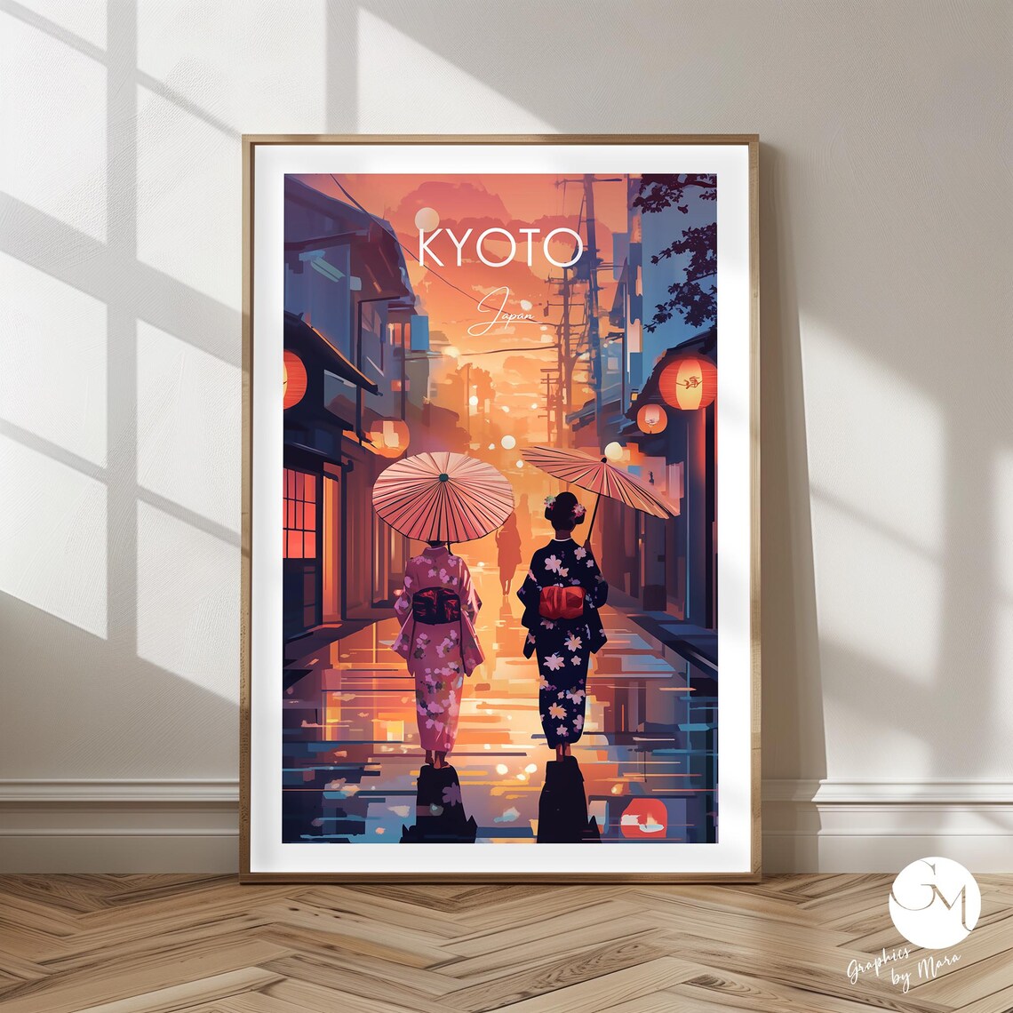 Kyoto Night Alley Two Women In Kimono Lantern Glow Travel Poster