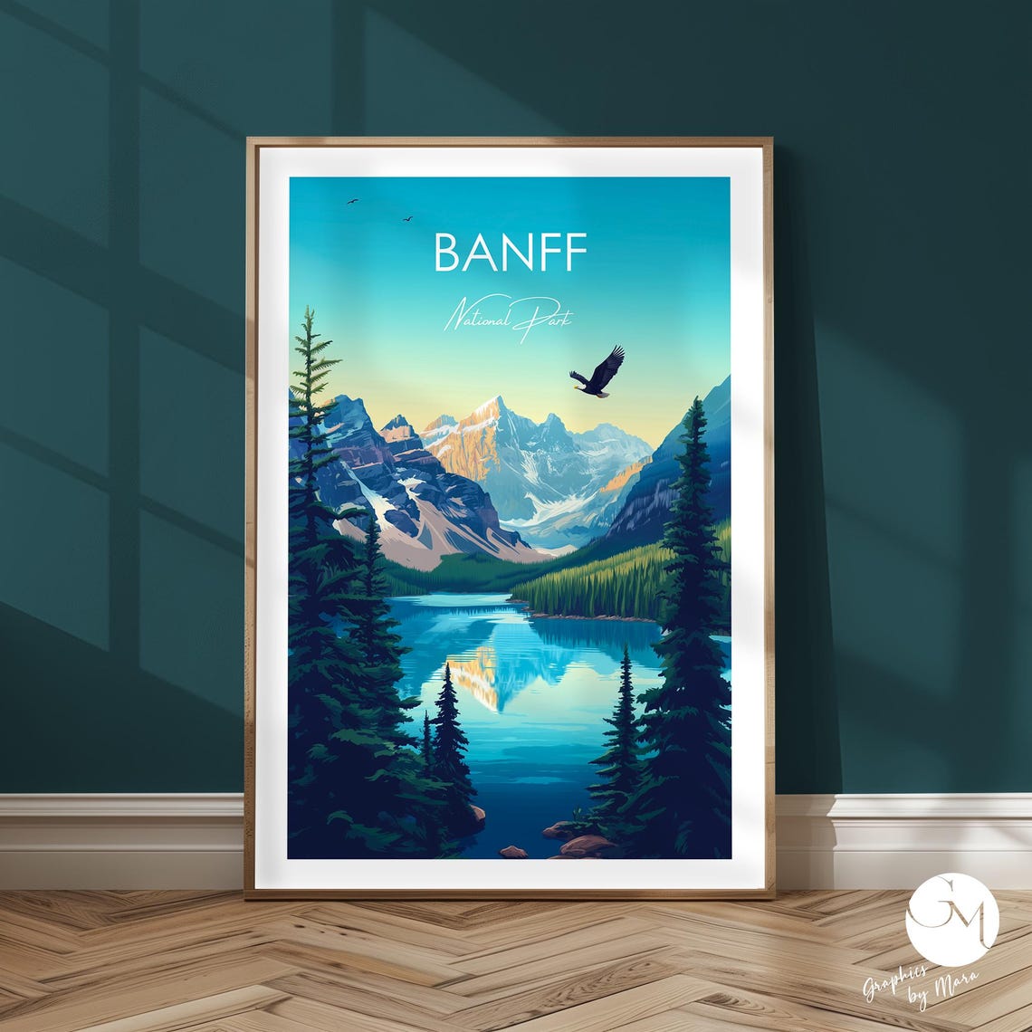 Banff National Park Turquoise Lake Reflection Mountain Travel Poster