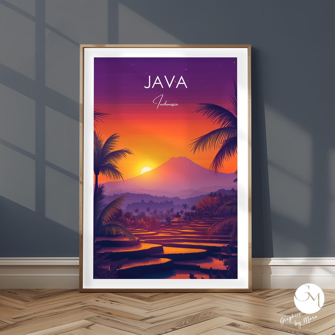 Java Indonesia Volcano Sunset Rice Terrace Palm Trees Travel Poster