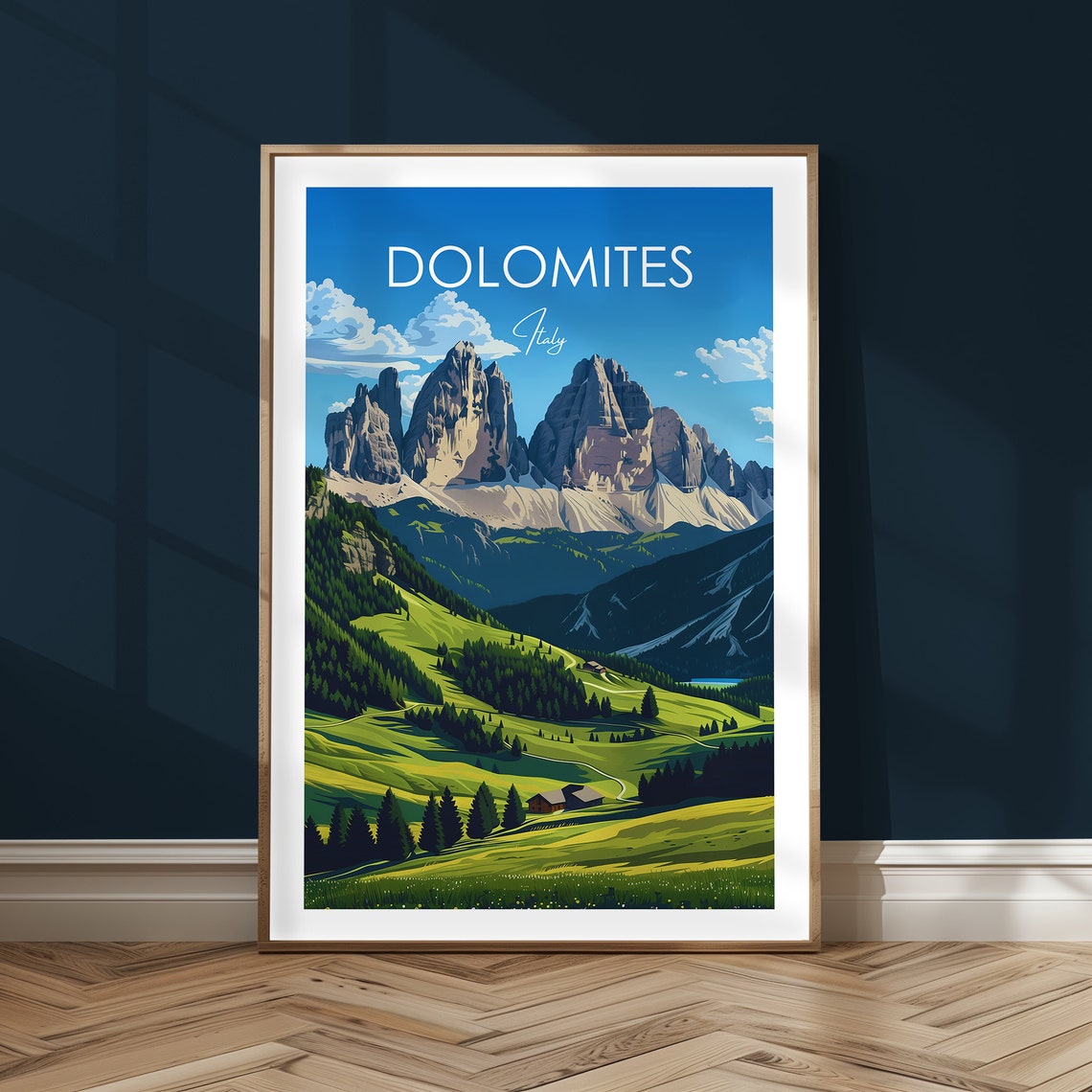 Dolomites Italy Alpine Peaks Green Mountain Valley Travel Poster