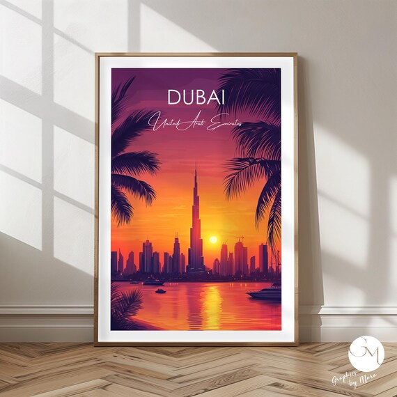 Dubai Sunset Skyline Burj Khalifa Palm Trees UAE Travel Poster