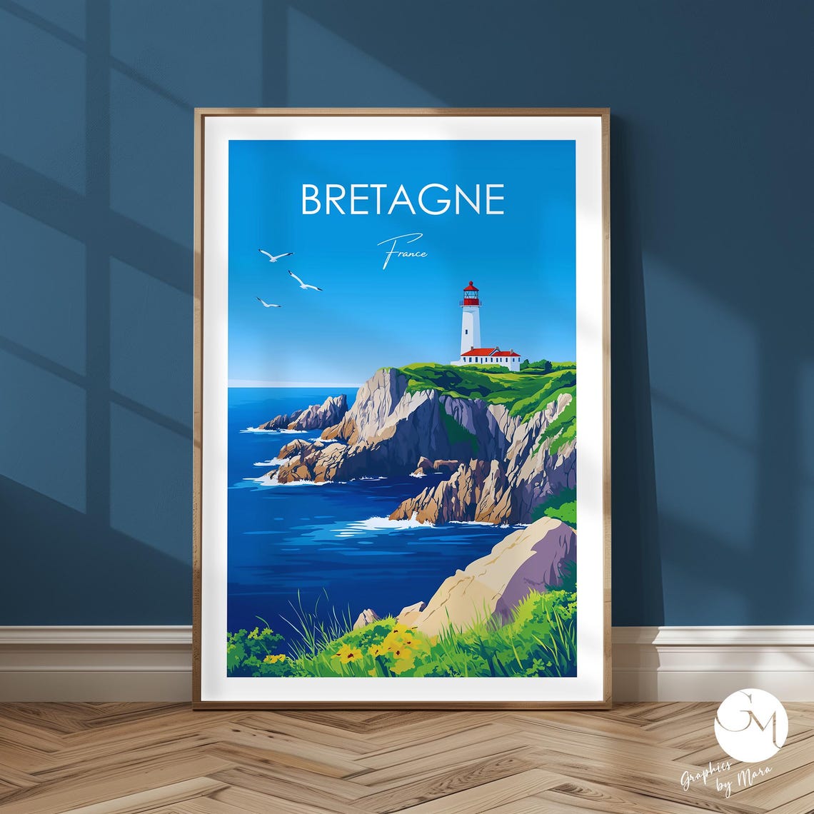 Brittany France Lighthouse on Rugged Cliffs Ocean Waves Travel Poster