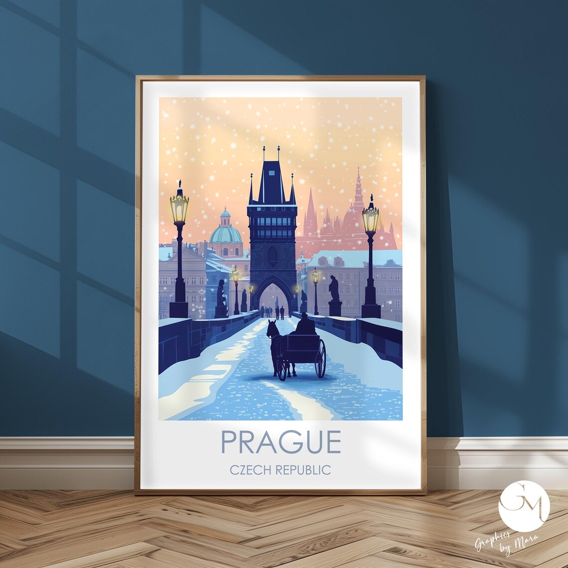 Prague Charles Bridge Snowy Night Horse Carriage Travel Poster