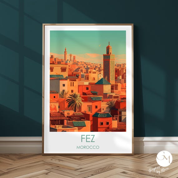 Morocco Travel Print Fez Panorama Poster With Mosque Medina And Minarets Islamic Architecture Wall Picture