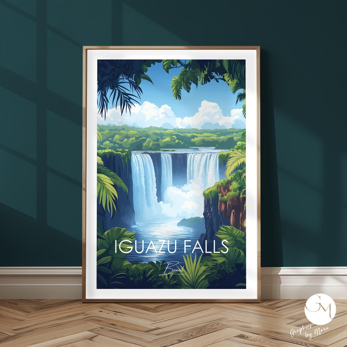 Iguazu Falls Brazil Tropical Waterfall Illustration Travel Poster