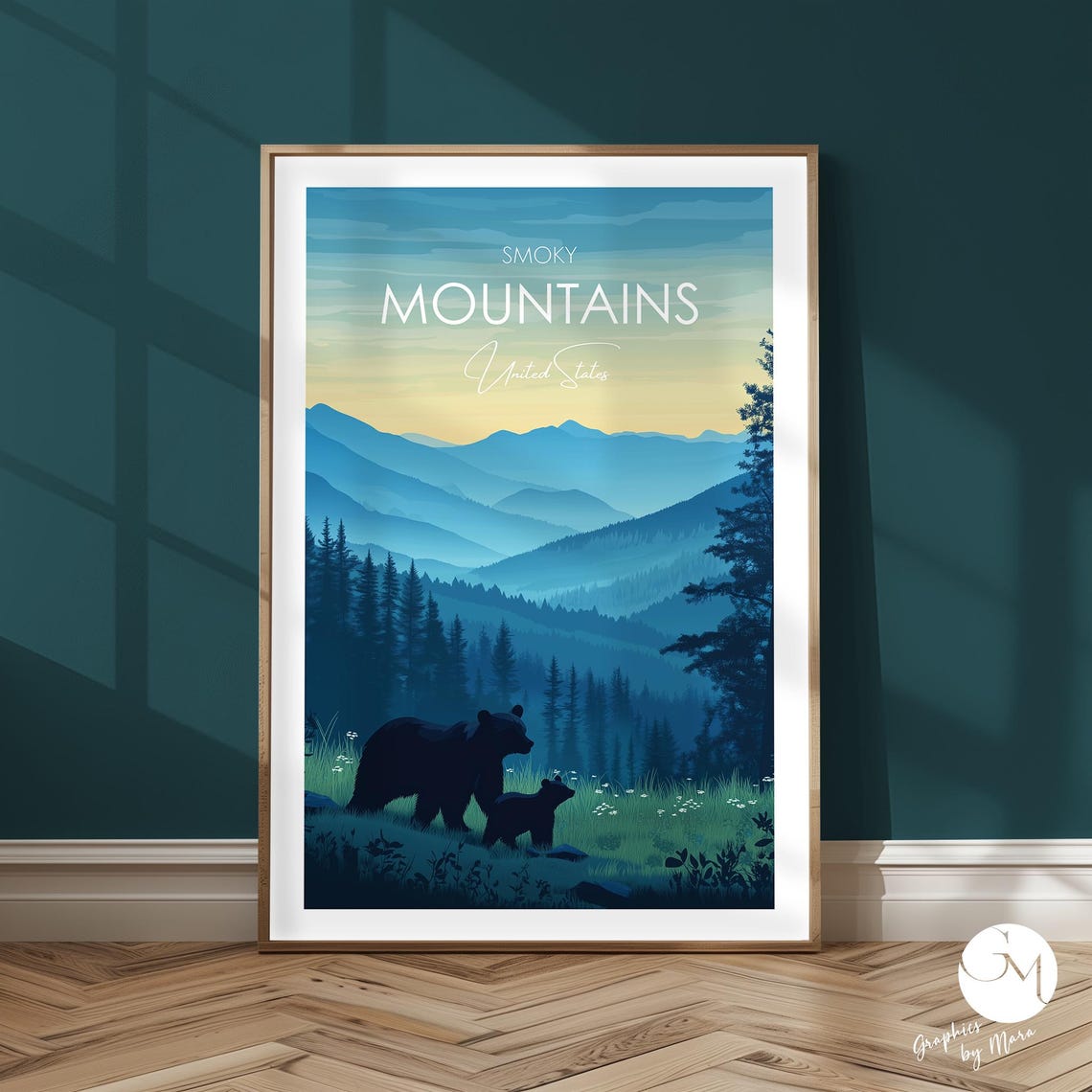 Smoky Mountains Daytime Forest Bear Family Illustration Poster