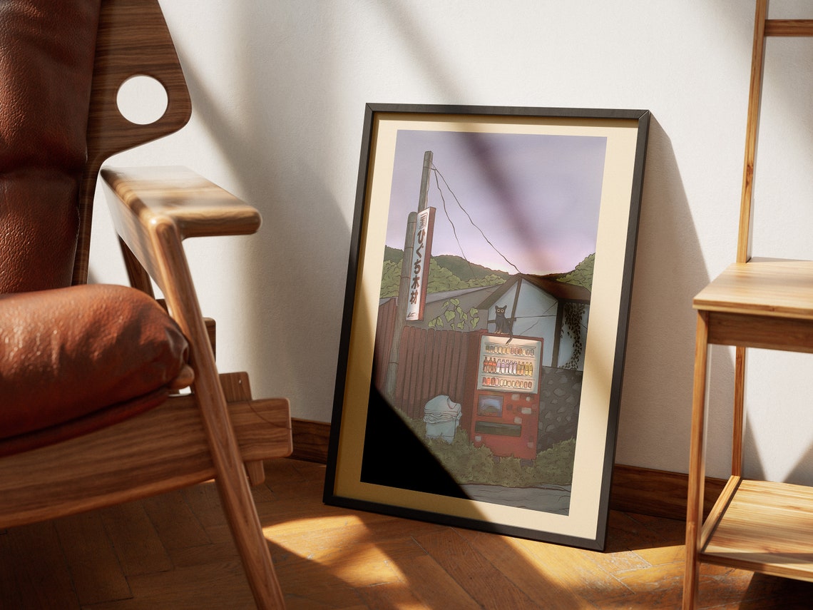 Japanese Countryside Evening Vending Machine Cat Illustration Poster - Image 3