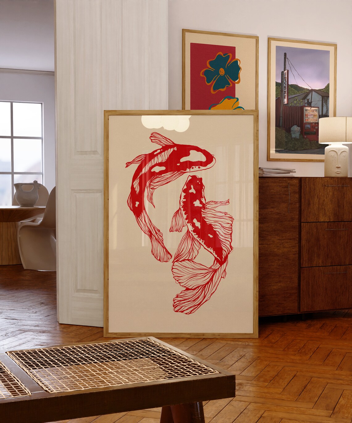 Red Koi Fish Japanese Minimalist Poster, Twin Carp Ink Line Art Decor - Image 6