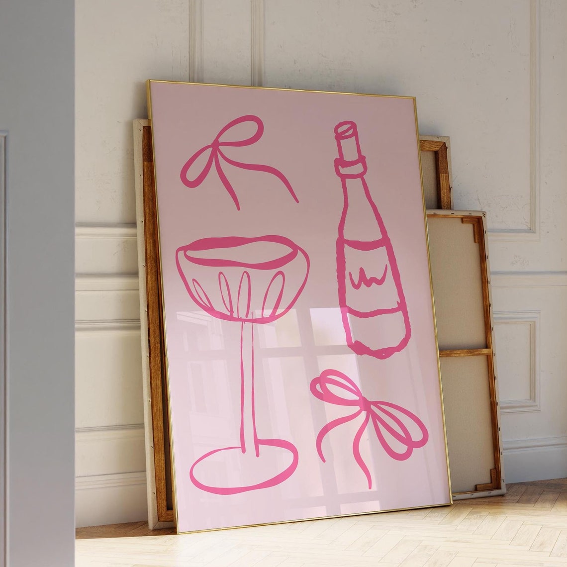 Pink Coquette Bar Cart Poster Wine Bottle Coupe Glass Bow Line Art