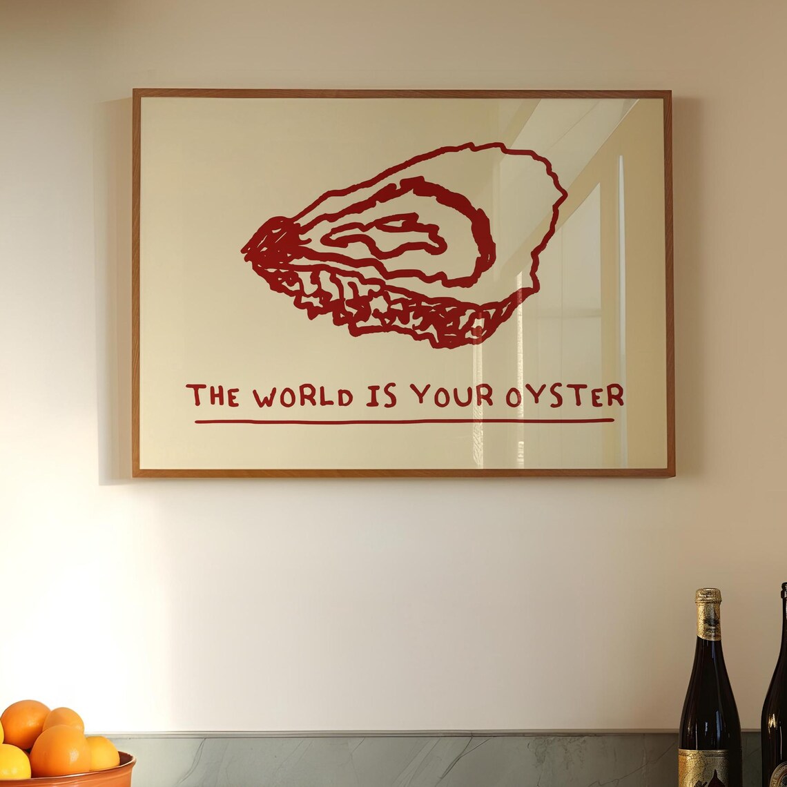 The World Is Your Oyster Red Line Drawing Poster Kitchen Art Design