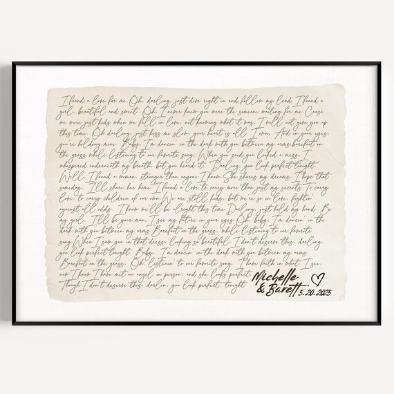 Personalized Love Song Lyrics Script Poster with Custom Names and Date