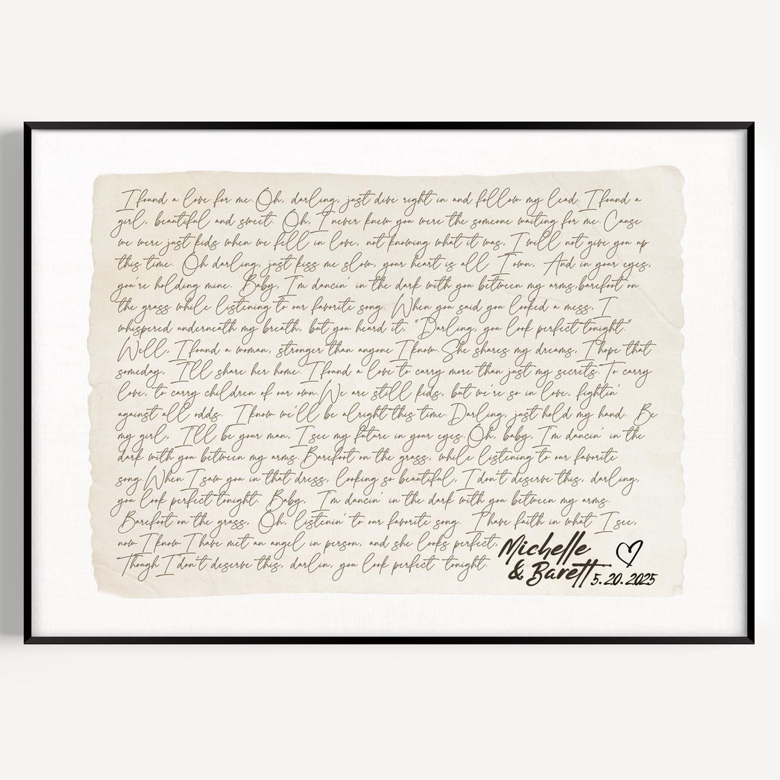 Custom Love Song Lyrics Script Poster Personalized Names Wedding Gift