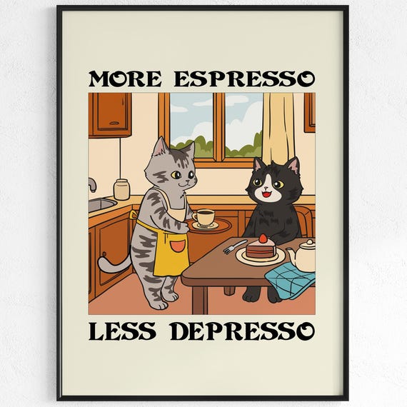 Coffee Lover Poster More Expresso Less Depresso Frog Print Home Office Mental Health Quote