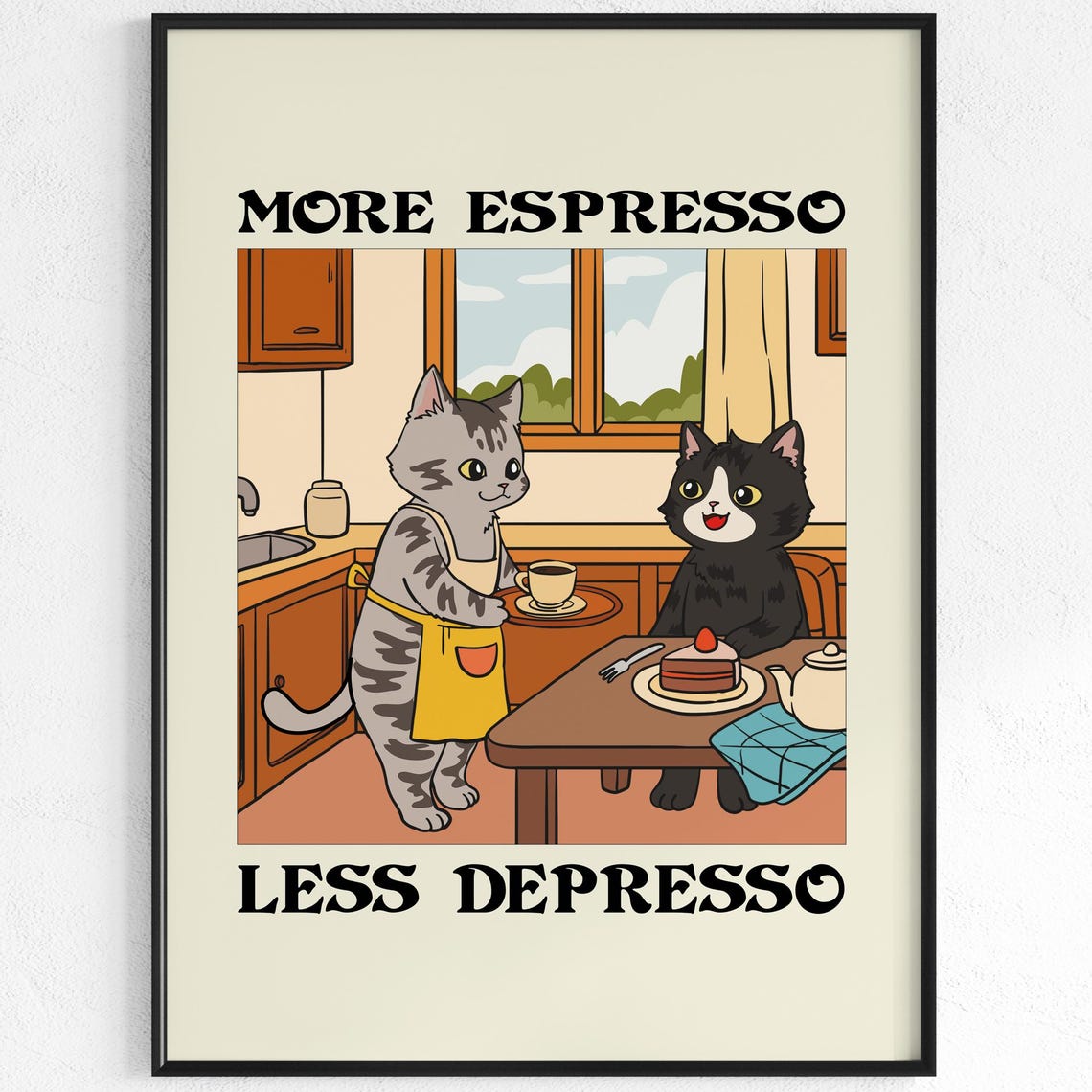 More Espresso Less Depresso Funny Cat Kitchen Coffee Art Poster