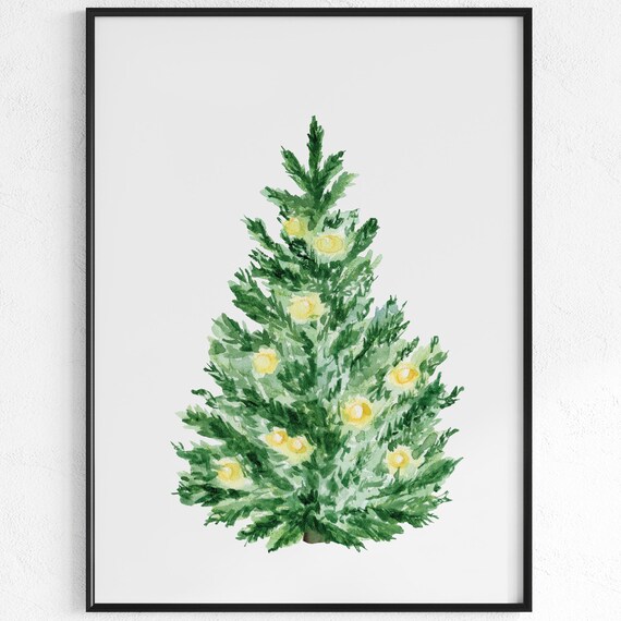Watercolor Christmas Tree Gold Lights Minimalist Holiday Poster