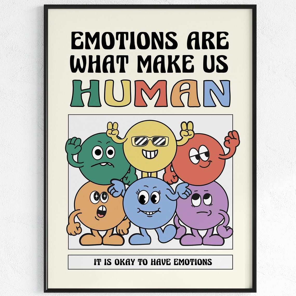 Emotions Make Us Human Retro Cartoon Characters Motivation Poster