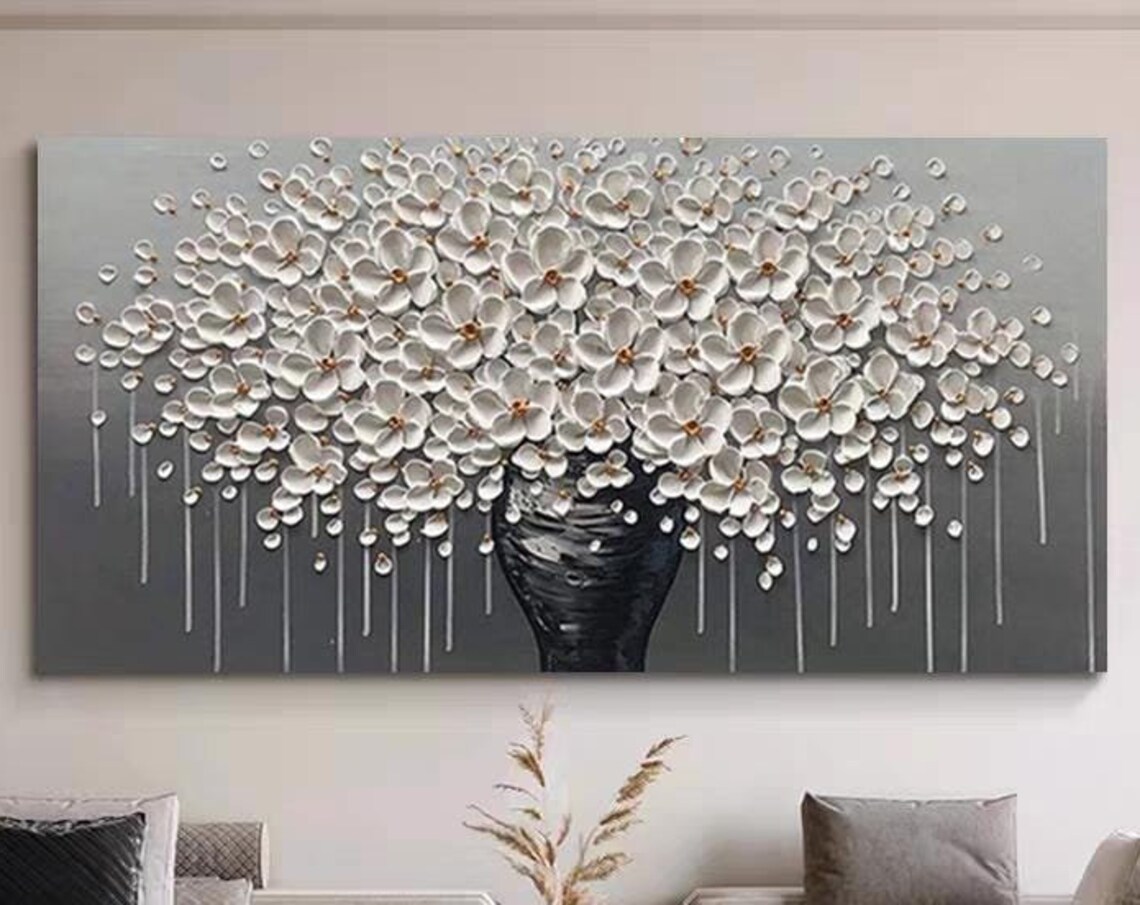 Black Vase With White Flowers Textured Floral Modern Painting Poster