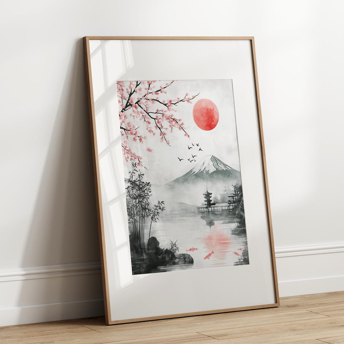 Mount Fuji Sumie Ink Painting Red Sun Koi Cherry Blossom Poster - Image 2