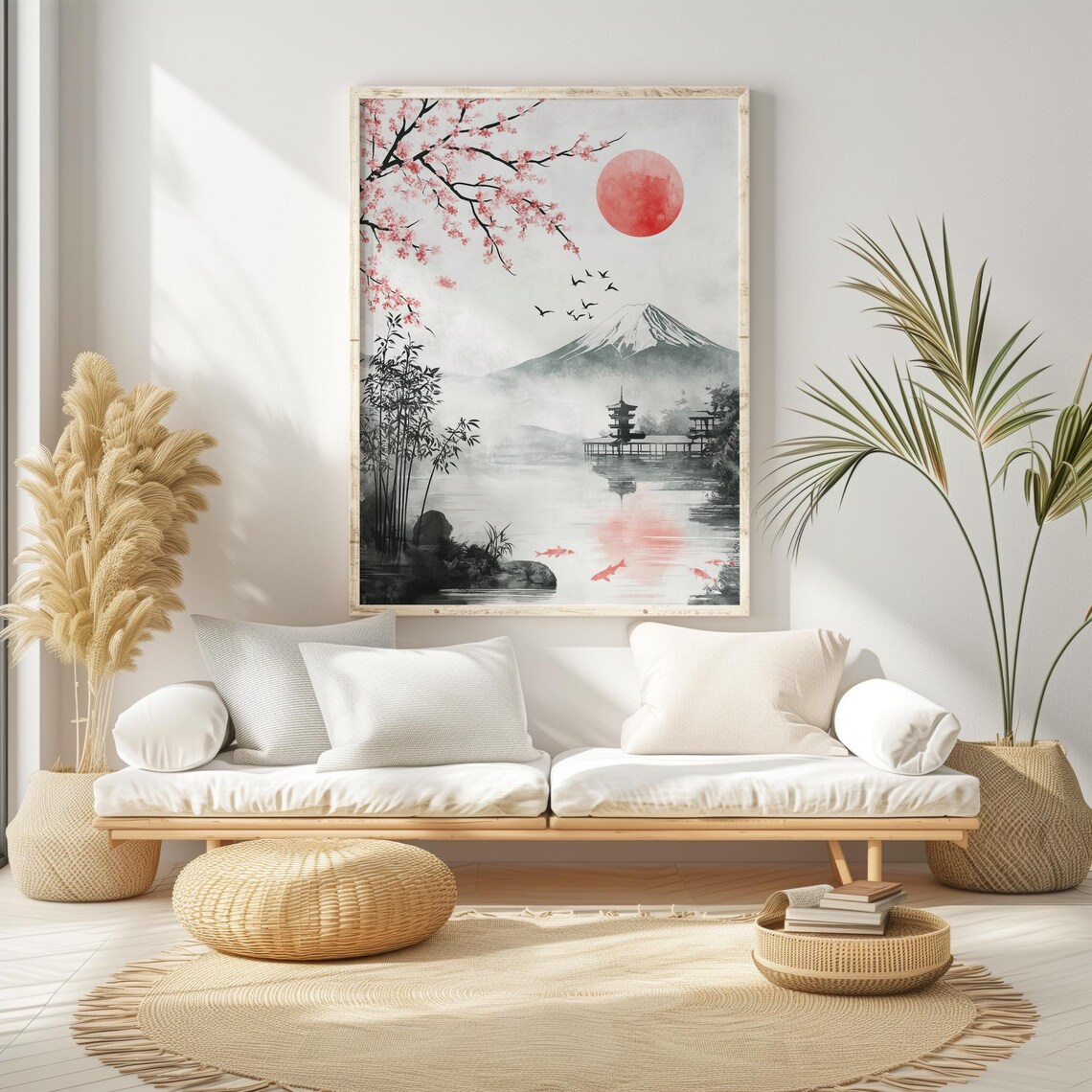 Mount Fuji Sumie Ink Painting Red Sun Koi Cherry Blossom Poster - Image 3