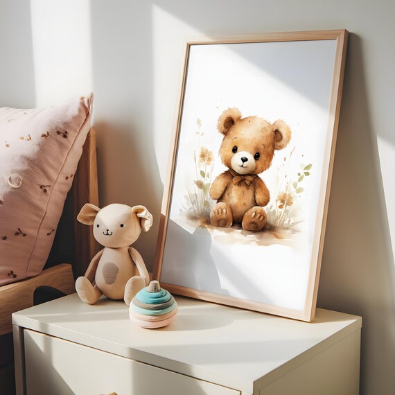 Sweet Watercolor Teddy Bear With Flowers Nursery Animal Poster