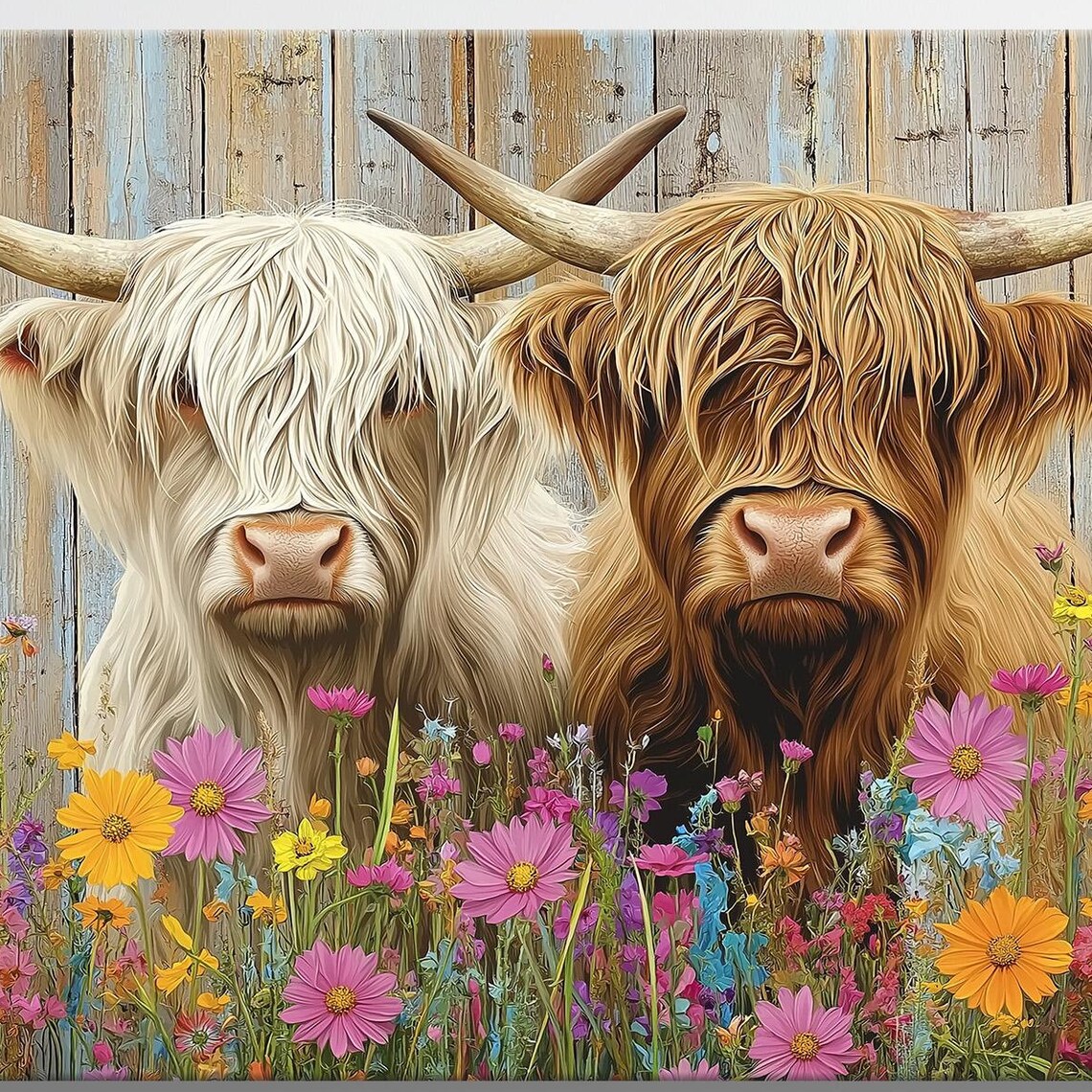 Two Highland Cows Among Colorful Wildflower Meadow Rustic Poster