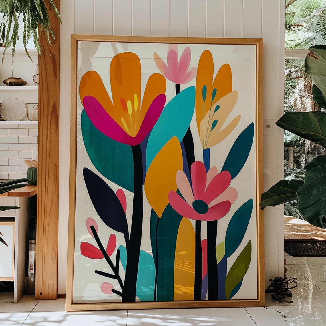 Modern Abstract Floral Art Print Bold Colorful Flower Wall Decor Boho Botanical Mid Century Nature Trendy