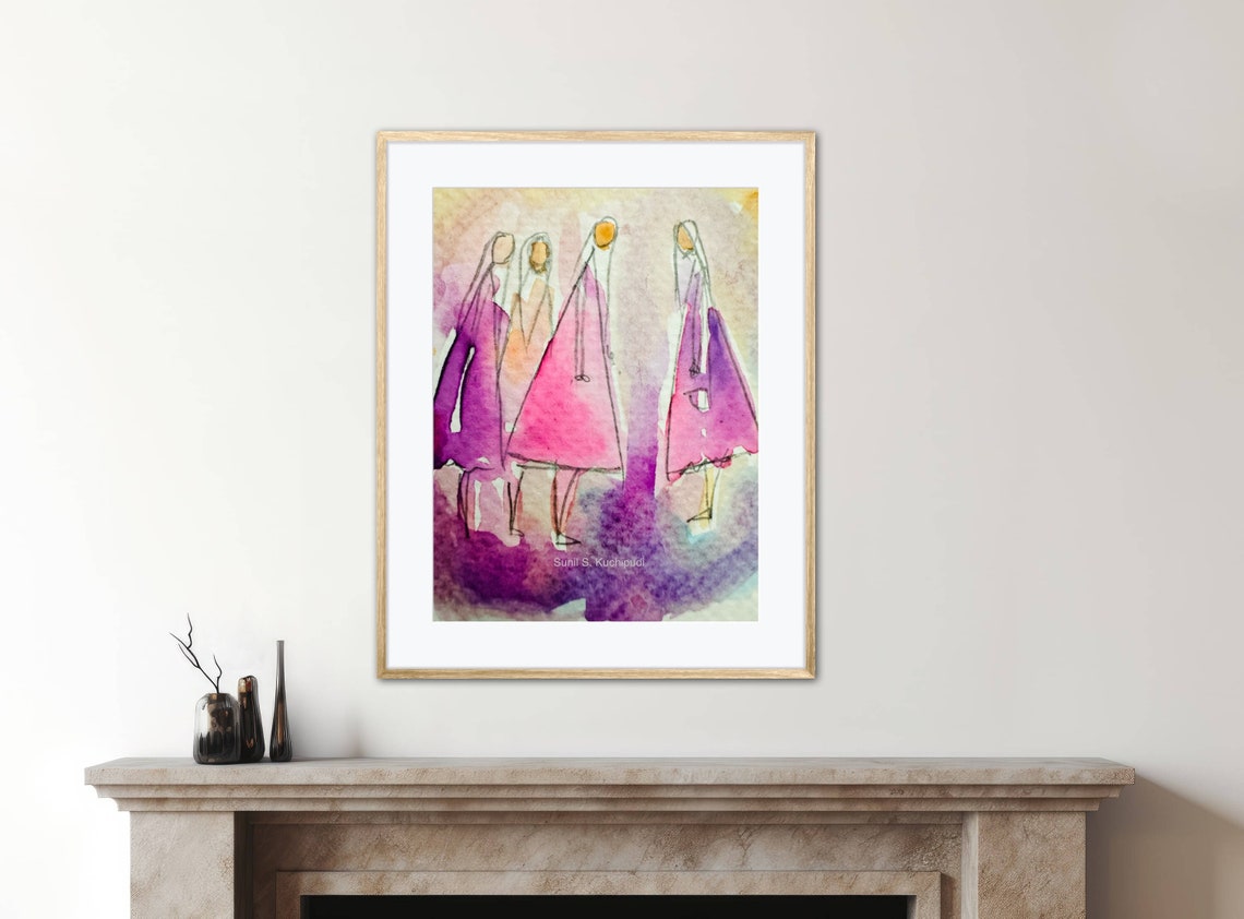 Conversations Abstract Watercolor Four Women Walking Pink Art Poster - Image 3