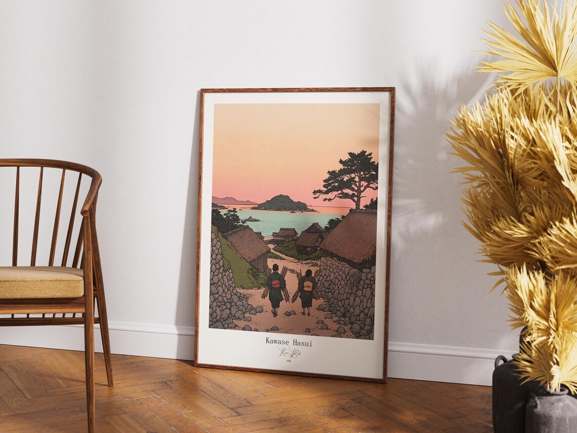 Kawase Hasui Coastal Village Sunset Japanese Woodblock Poster