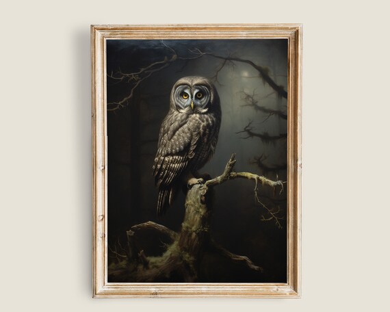 Vintage Owl Painting Dark And Moody Wall Art Dark Academia Decor Art Nature Painting Owl Bird Prints Great Gray Owl